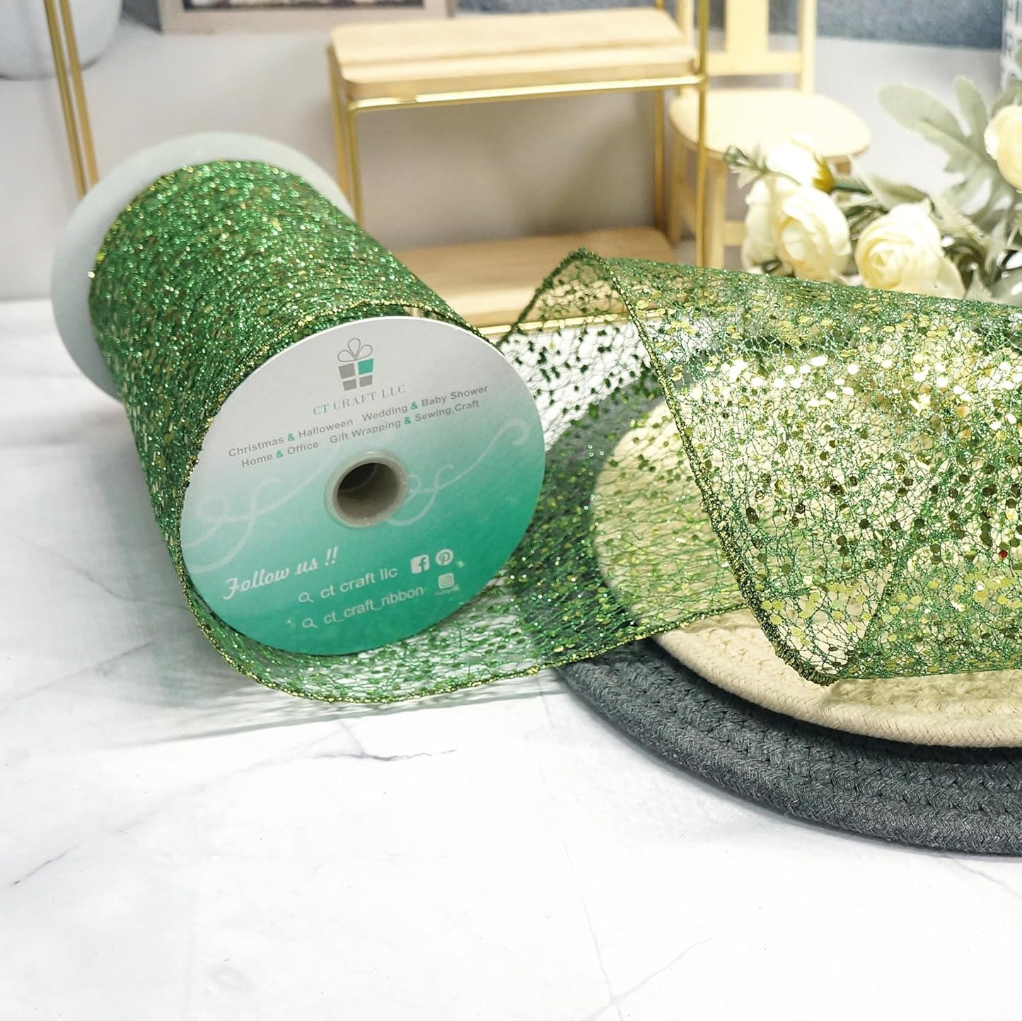 CT CRAFT LLC Sparkling Glitter Mesh Wired Ribbon 6" x 10 Yards Green for Christmas Home Decor Bow Gift Wrapping DIY Crafts Wreath