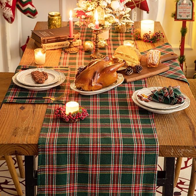Green Red Plaid Christmas Table Runner, Winter Holiday Table Runners 90 inches Long, Xmas Decorations Indoor Outdoor Farmhouse Home Kitchen Dining Party Decor