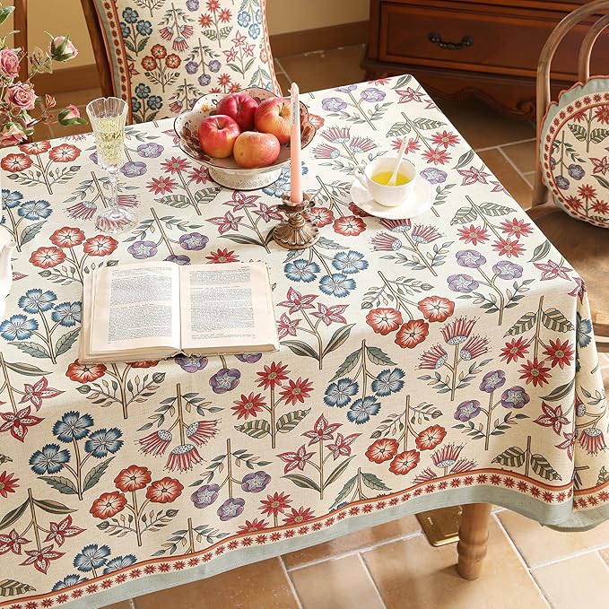 French Linen Rectangle Tablecloth,Vintage Colorful Multiple Prints Soft and Durable Tablecloths,Decor Table Cover for Kitchen,Dining,Tea Party,Thanksgiving,Christmas,55"*79"-Lohi
