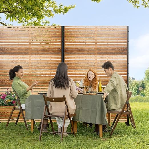 Casaphoria 72" H x 47" W Metal Privacy Screen, Freestanding Outdoor Screen for Deck, Patio & Balcony - Versatile Decorative Privacy Panels for Home & Garden Use (Wood Color)