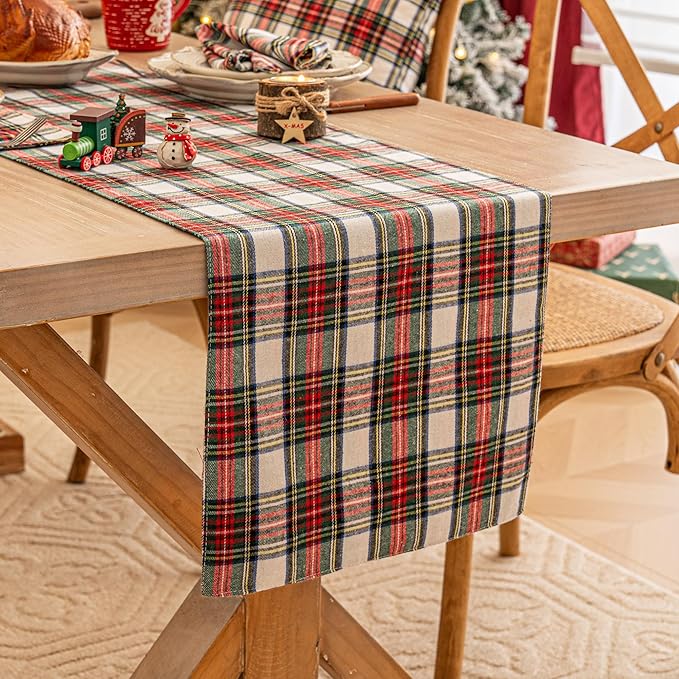 Red White Plaid Christmas Table Runner, Winter Holiday Table Runners 90 inches Long, Xmas Decorations Indoor Outdoor Farmhouse Home Kitchen Dining Party Decor