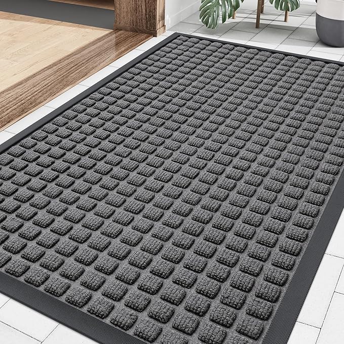 Smiry Front Door Mat Outside Entrance, Heavy Duty Natural Rubber Doormat, Non Slip, Trap Dirt and Moisture, Easy Clean, Low Profile Welcome Floor Mats for Indoor Outdoor Entry, 29.5x17 Inch, Grey