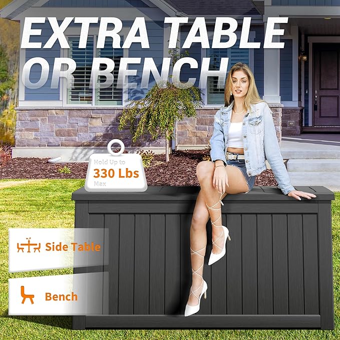 NUNU LAB 230 Gallon Outdoor Storage Box, Large Resin Deck Box with Lockable Lid, Waterproof & UV-Resistant Patio Storage Bin for Garden Tools, Pool Accessories & Furniture, Black