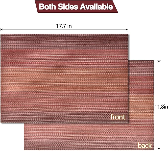 SLKQG Placemats Set of 8 - Easy Clean Washable Vinyl Placemats - Wipeable Heat Resistant Table Mats for Dining Table - 17.7x11.8 Inch (8, Red Gradient)