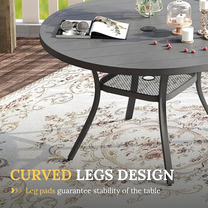 VICLLAX 47.2" Outdoor Round Patio Table for Lawn Garden, All Weather Metal Round Patio Dining Table with Adjustable Umbrella Hole, 6 Person Patio Table, Grey Tabletop