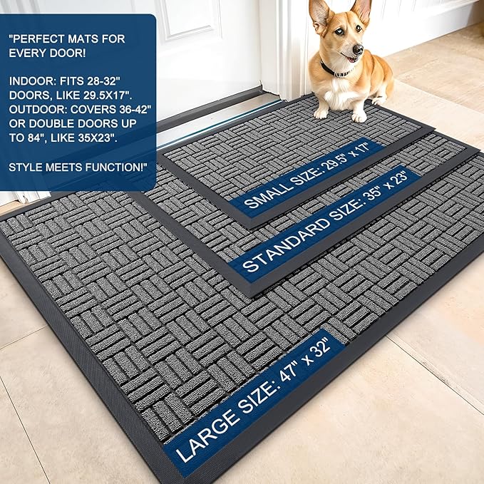 OLANLY Front Door Mat Outside Entrance 47x23, Absorbent, Heavy Duty Sturdy Natural Rubber Doormat Indoor Outdoor, Stain and Fade Resistant, Non-Slip Backing Low Profile Floor Mat for Entryway, Grey