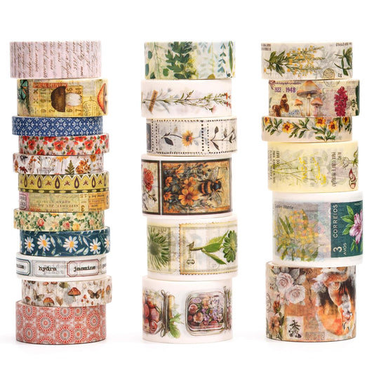 Vintage Washi Tape Set - 24 Rolls Arts Adhesive Tapes Assorted Retro Decorative Masking Tape Sets for Craft, Kids, Scrapbook, DIY, Gift Wrapping (5-Botanical Garden)
