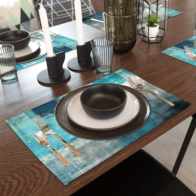 Modern Art Placemats Set of 4 Turquoise Abstract Painting Place Mats Washable Linen Teal Placemat for Kitchen Dining Table Party Home Decor 18x12 Inches