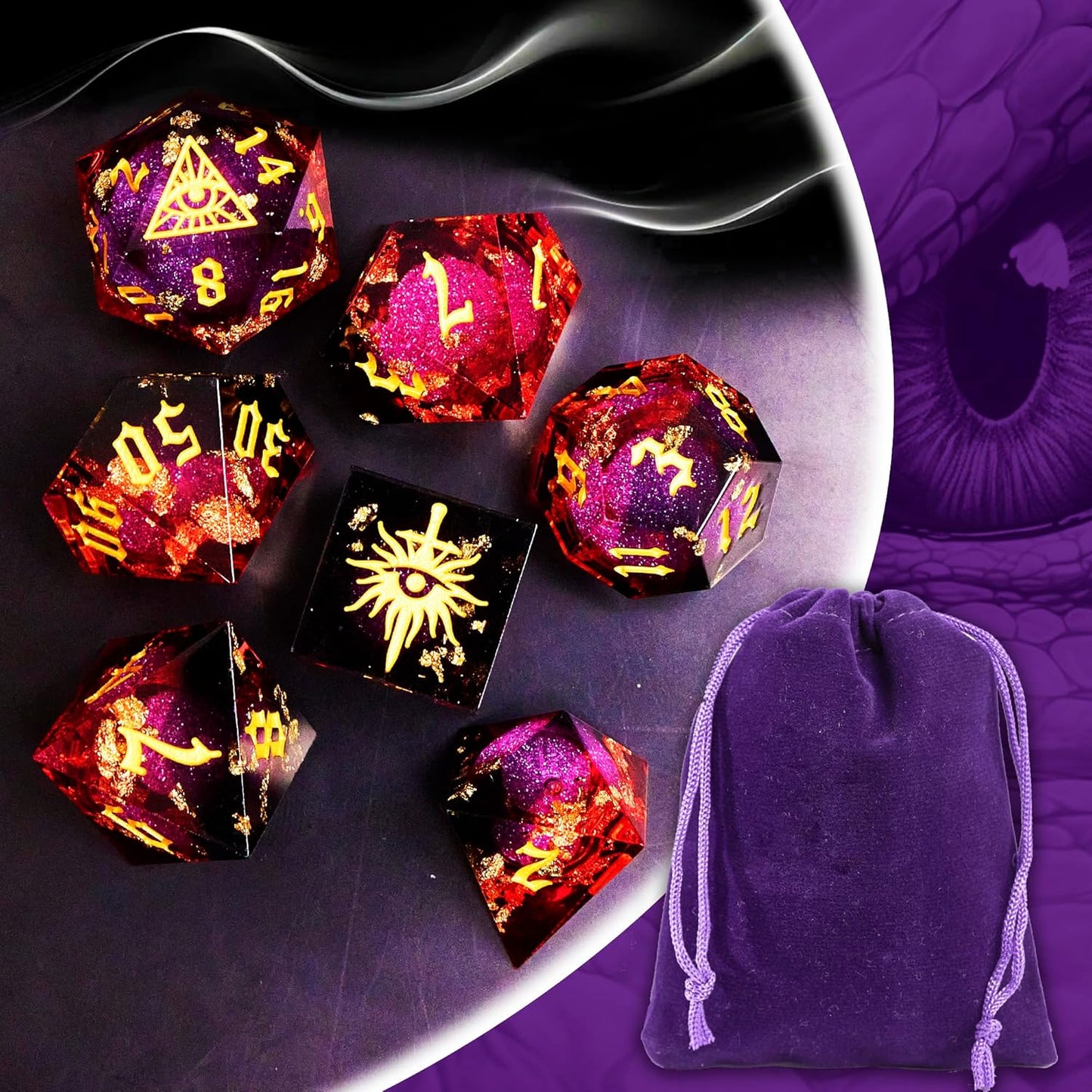 The Eye of Mystery Liquid Core DND Dice Set – Unique Resin Dice Set for Dungeons & Dragons – Red Flame Eye Dice Set for D&D Gifts
