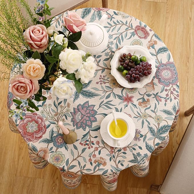 Designer Linen Small Round Tablecloth,Vintage William Morris Floral Table Cloth with Colorful Pattern,Decor Table Cover for Kitchen,Dining,Thanksgiving,Diameter 55"-Flowershadow a