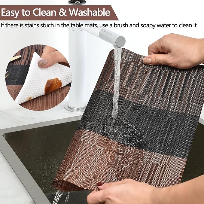 SLKQG Brown Placemats Set of 6 - Easy Clean Modern Durable Washable Vinyl Place Mats - Heat Resistant Placemats for Kitchen Table - PVC Table Mats for Dining Table (Brown Black, 6)