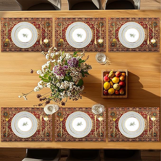 Boho Ethnic Placemats Set of 6,Retro Flower Placemats Washable Kitchen Dining Linen Table Mats Stain Heat-Resistant for Home Party Indoor 12x18 inch