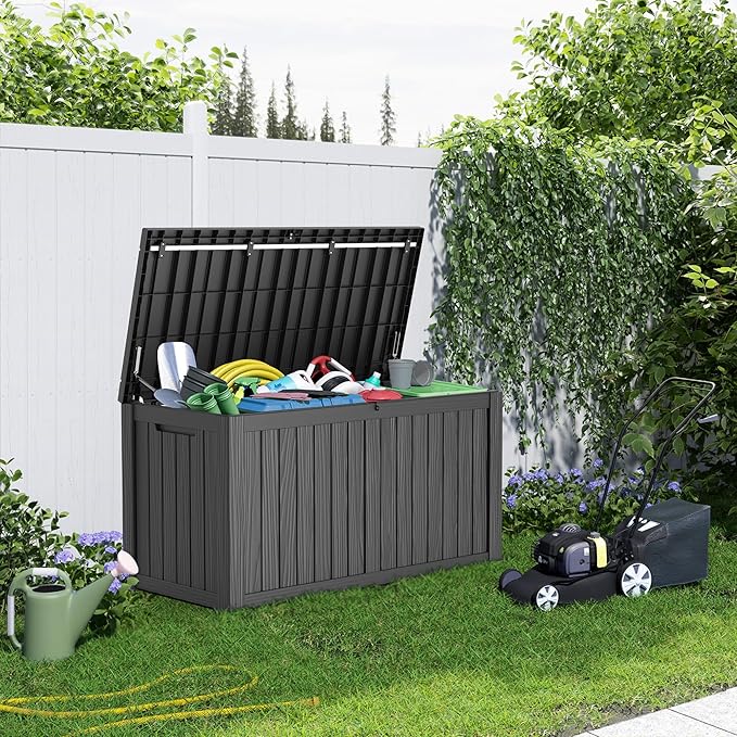 180 Gallon Large Deck Box,Resin Outdoor Storage Box with Lockable for Patio Furniture, Pool Accessories, Garden Tools Waterproof Outside Storage Box, Black