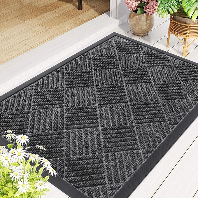 Smiry Front Door Mat Outside Entrance, Heavy Duty Outdoor Indoor Natural Rubber Doormat, Non Slip, Trap Dirt and Moisture, Easy Clean, Low Profile Patio Porch Entryway Mat, 29.5x17, Light Grey