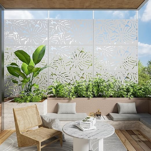 Casaphoria 72" H x 47" W Metal Outdoor Privacy Screen, Freestanding Decorative Divider for Patio, Deck, Balcony, and Garden with Stable Base, White-Summer