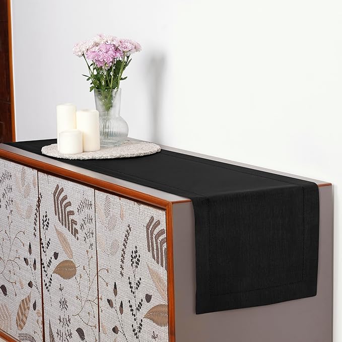 D'Moksha Homes Linen Black Table Runner 108 Inches Long - 100% Pure Linen 14 x 108 Inch Table Runner for Spring, Easter - Classic Hemstitch