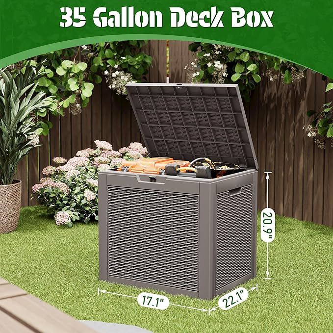 NUNU LAB 35 Gallon Outdoor Storage Box Waterproof,Indoor Outside Deck Boxes,Storage Bench Lockable Lid,Backyard Storage Bin For Package Delivery,Garden Tools,Pool Accessories,Patio Cushions
