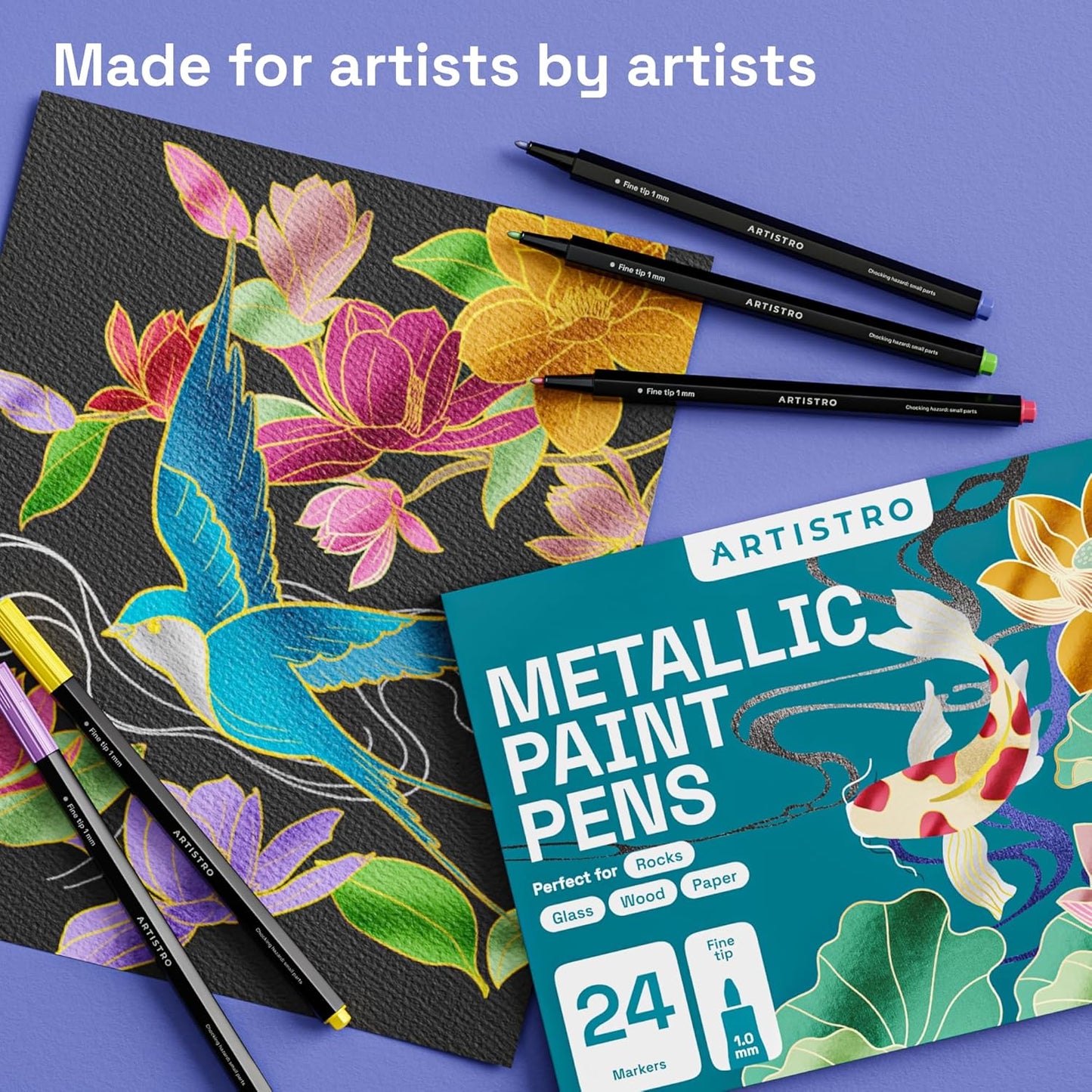 ARTISTRO Paint Pens for Rock Painting, Stone, Ceramic, Glass, Wood, Fabric, Scrapbooking, DIY Craft Making (24 Metallic Fine Tip)