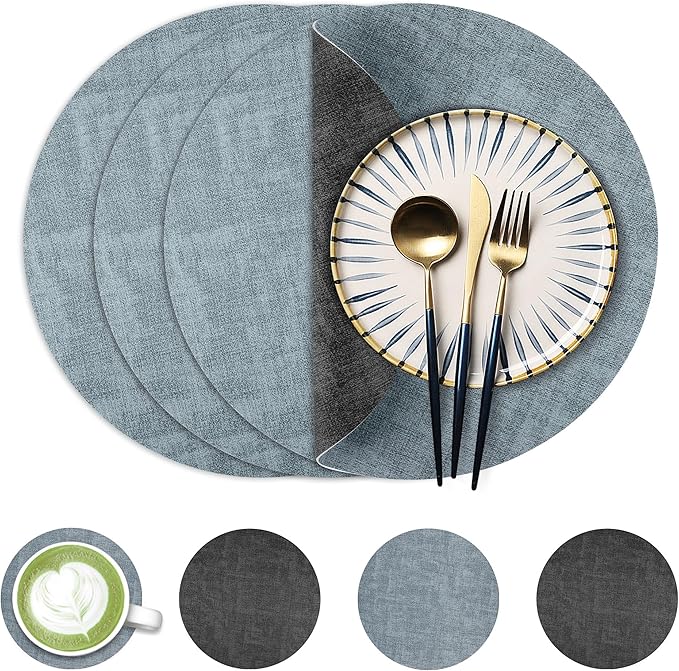 13-Inch Faux Leather Round Placemats Set of 4, Waterproof Anti-Slip Dual Sided Place mats, Heat Resistant Washable Table Mats with Coaster, Suitable for Indoor & Outdoor(4, Black Light Blue)