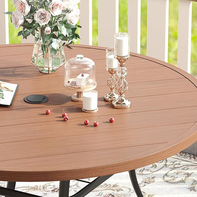 VICLLAX 53" Outdoor Round Patio Table for Lawn Garden, All Weather Metal Round Patio Dining Table with Adjustable Umbrella Hole, Patio Table for 8 Person, Walnut Tabletop