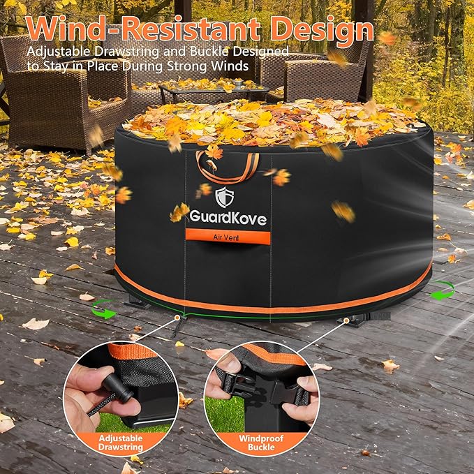 [Upgraded 1000D Heavy Duty Fabric] 32” Fire Pit Cover Round for 29”- 32” Fire Pit/Tables, Waterproof Tear & Fade Resistant Firepit Cover with Buckle, Handle, Drawstring, Air Vent (32”D x 16”H,Black)