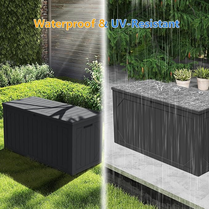 100 Gallon Outdoor Storage Box Waterproof, Lockable Resin Deck Box Patio Storage Bin for Pool Accessories Cushion Furniture, Garden Tools, UV-Resistant Outside Delivery, Black