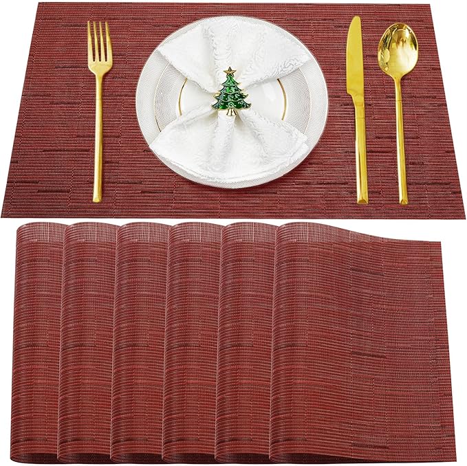 Placemats Set of 6,Washable,Heat and Stain Resistant Indoor/Outdoor Place mats,Vinyl Woven Non Slip Table Mats for Restaurant Table Protection,PVC Placemats(Red,6PCS)