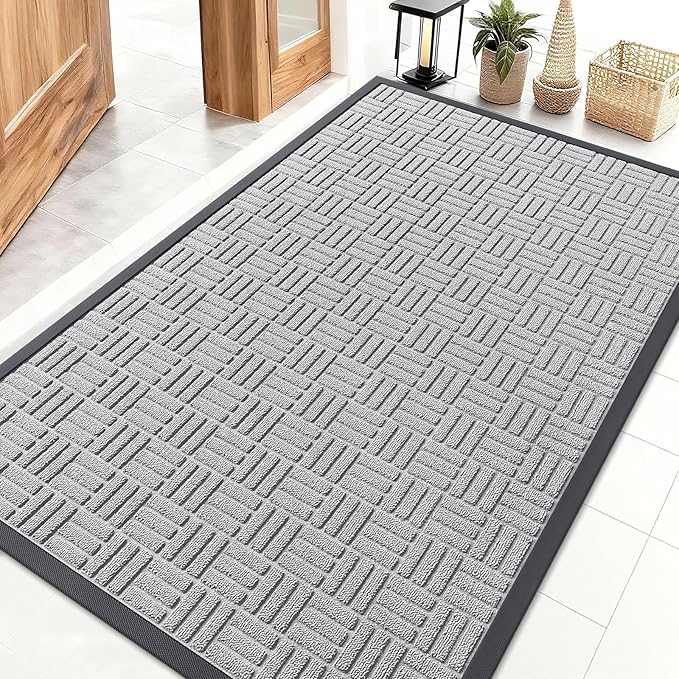 OLANLY Front Door Mat Outside Entrance 47x32, Absorbent, Heavy Duty Sturdy Natural Rubber Doormat Indoor Outdoor, Non-Slip, Stain and Fade Resistant, Low Profile Floor Mat for Entryway, Light Gray