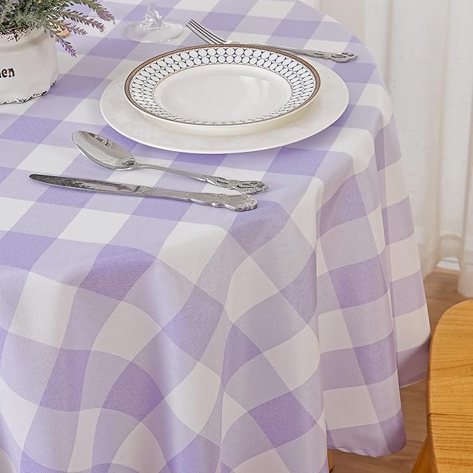Cupuamon 2 Pack Waterproof Polyester Fabic Round Checkered Tablecloth，60 Outdoor Table Cloth，Oil Stain Prevention Table Cloth for Pinics and Parties（Lavender and White）