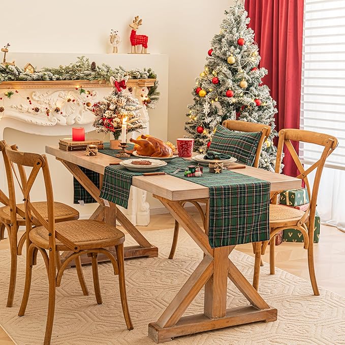 Green Blue Plaid Christmas Table Runner, Winter Holiday Table Runners 108 inches Long, Xmas Decorations Indoor Outdoor Farmhouse Home Kitchen Dining Party Decor