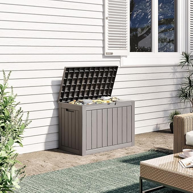 45 Gallon Outdoor Storage Deck Box Waterproof,Garden Tool,Backyard Cushion,Poolside Storage,Small Delivery Boxes for Outside,UV-Resistant & All-Weather,Wood-like Striped Gray
