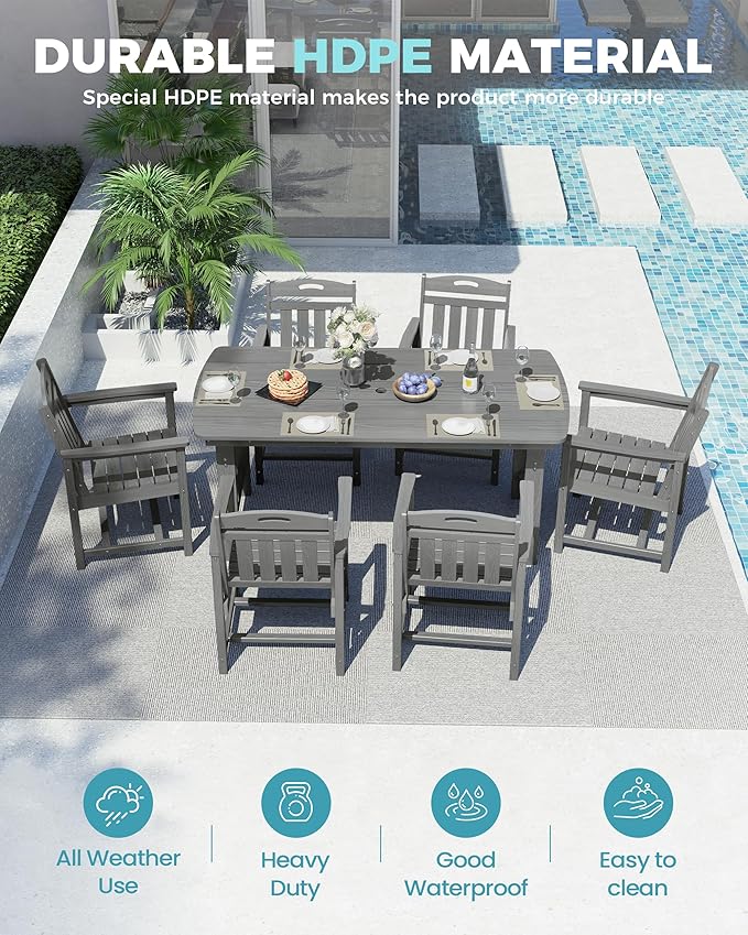 Ciokea HDPE Outdoor Dining Set, 7-Piece Patio Table and Chairs Set with Umbrella Hole, All-Weather Patio Dining Sets for 6, Durable Patio Furniture for Backyard, Garden, Lawn & Poolside, Grey