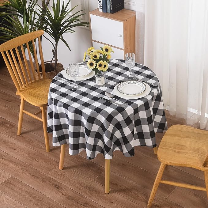 Cupuamon 2 Pack Waterproof Polyester Fabic Round Checkered Tablecloth，60 Outdoor Table Cloth，Oil Stain Prevention Table Cloth for Pinics and Parties（Black and White）
