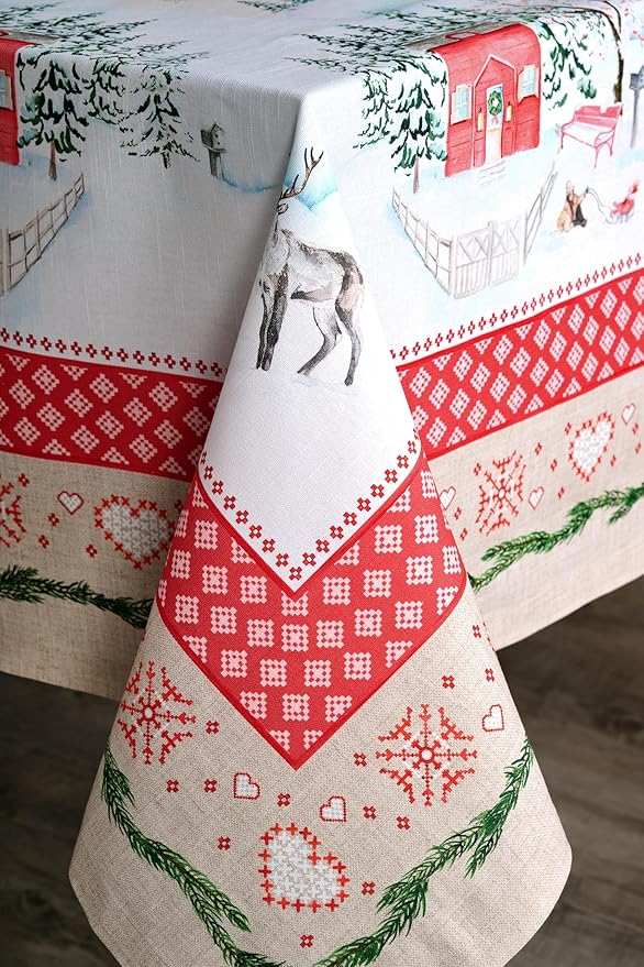 Maison d' Hermine Table Cloth Square Table 100% Cotton 54 x 54 Inches Fall Tablecloth Reusable Everyday Use for Thanksgiving Christmas Decorations Dining Farmhouse Party (Rural Christmas)