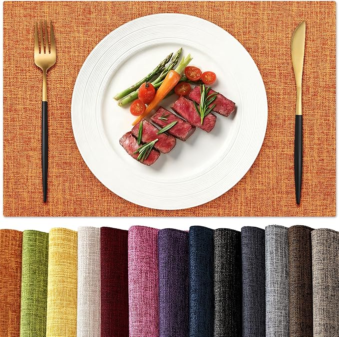 KXN Placemats Set of 4, Dual-Layer Thickened Faux Linen Table Mats, Heat Resistant & Wrinkle-Free, Machine Washable Cloth Place Mats for Kitchen Dining Indoor Outdoor (Orange)