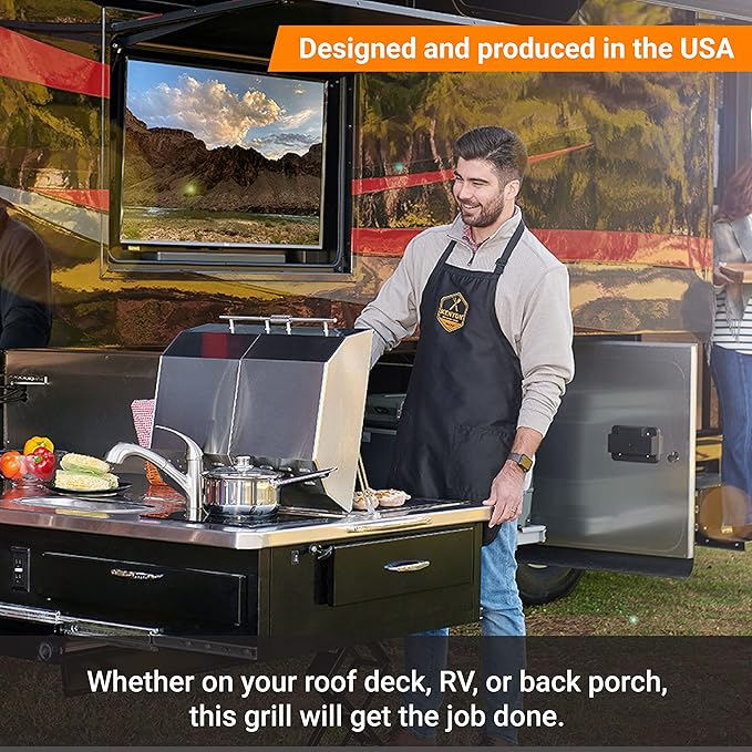 Kenyon Texan Built-In Electric Grill for Stone Counter, Standard Lite-Touch, Stainless Steel Grill with Split Lid for Indoor and Outdoor Use, 2 Burners, Quick Heat Up, Dishwasher Safe Grate, 240V