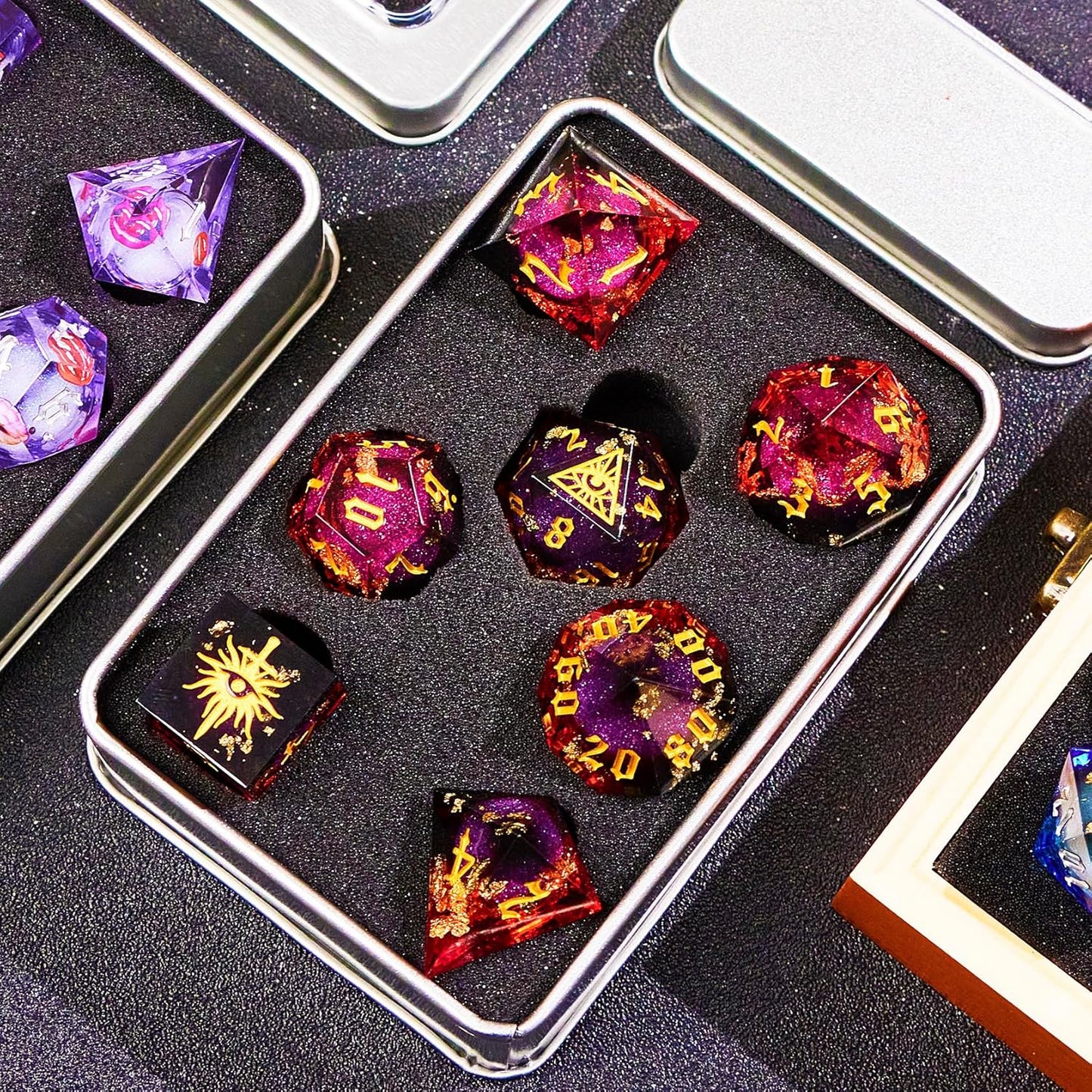 The Eye of Mystery Liquid Core DND Dice Set – Unique Resin Dice Set for Dungeons & Dragons – Red Flame Eye Dice Set for D&D Gifts