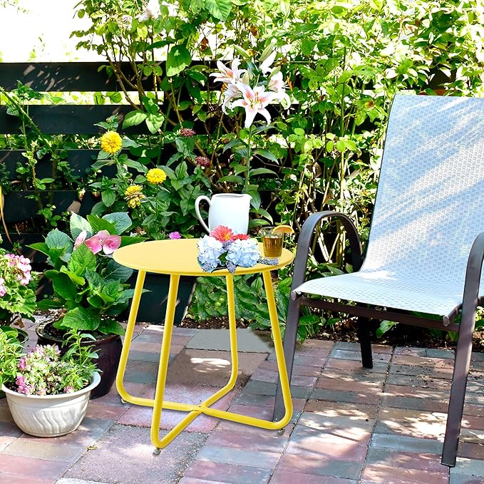 Outdoor Table Small Patio Side Table Waterproof Round Metal Side Table Weather Resistant Portable Outdoor and Indoor End Table for Garden, Balcony, Yard (Yellow)
