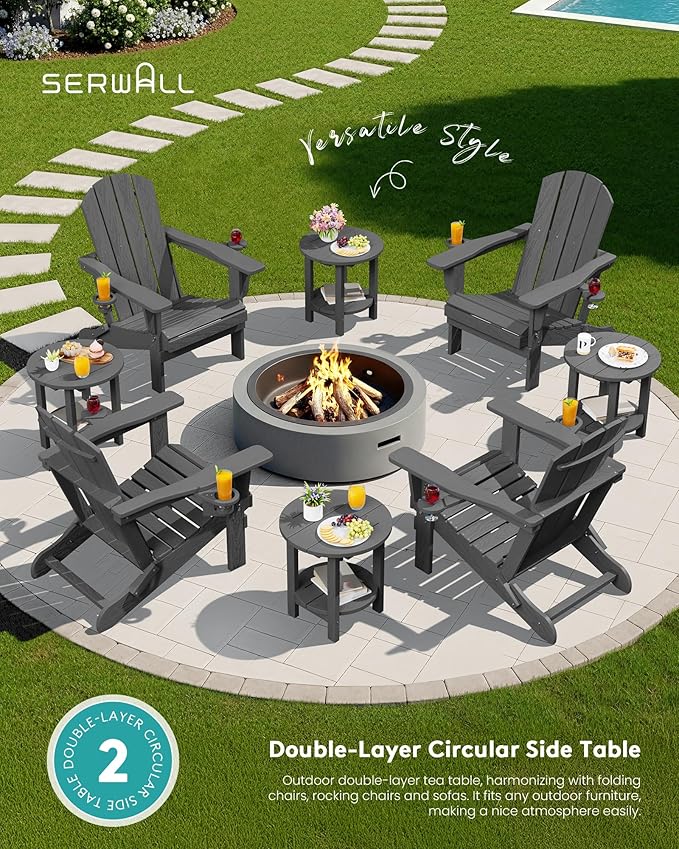 SERWALL Round Outdoor Side Table Set of 2, HDPE Small Adirondack Double End Table, Gray