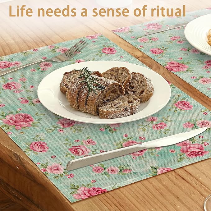 6 Pcs Placemats,Pink Flower Placemat,Vintage Floral Table Mats Washable Recyclable Table Placemats for Indoor Outdoor Heat Resistant Kitchen Dining 12"x18"