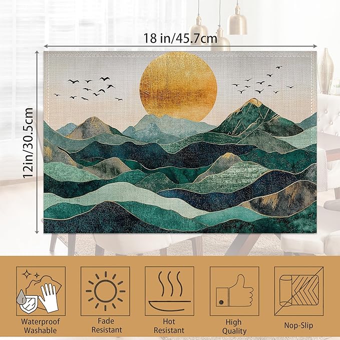 Sunrise Placemats Set of 6,Golden Mountains Placemats Washable Kitchen Dining Linen Table Mats Stain Heat-Resistant for Home Party Indoor 12x18 inch