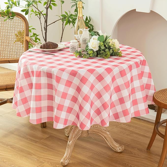 Waterproof Plaid Tablecloth Fabric - Round 90 Inch Classic Gingham Checker Table Cloth for Indoor/Outdoor Use - Buffalo Table Cover for Picnics, BBQs, and Parties