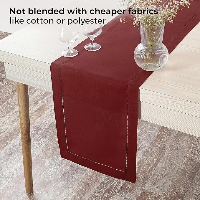 D'Moksha Homes Linen Dark Red Table Runner 72 Inches Long - 100% Pure Linen Hemstitch Table Runner 14 x 72 Inch for Dresser, Dining, Valentines, Spring - Classic Hemstitch