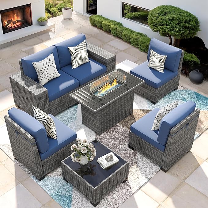 7 Piece Patio Furniture Set with Fire Pit Table, Outdoor Conversation Sets Wicker Rattan Sectional Sofa with Coffee Table, 4'' Thickened Cushion Navy Blue (Include Waterproof Cover)