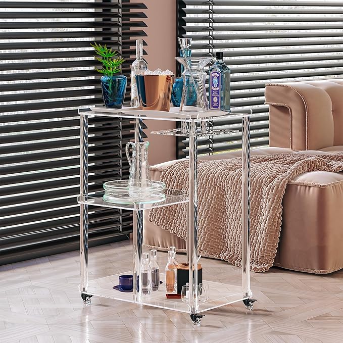 Dethan Acrylic Bar Cart with Lockable Wheels, 3 Tier Clear Serving Cart with Glass Holder, Rolling Beverage Cart for Home, Kitchen, Dining Room, Portable Mobile Bar Trolley for Small Spaces