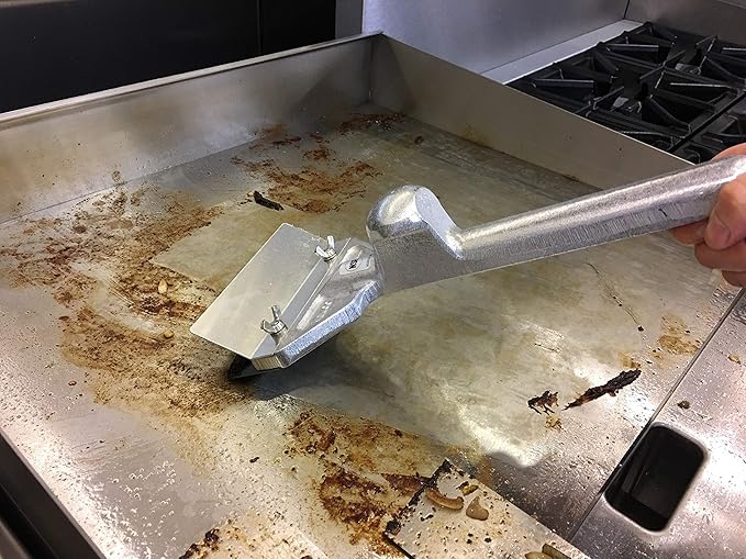 Grill Scrapers, Heavy Duty Casting Aluminum Commercial Griddle Scraper with 5 Blades and Small Slant Edge Grill Scraper