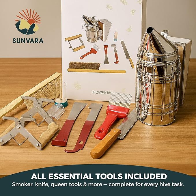 SunVara Bee Keeping Starter Kit Beekeeping Supplies, Bee Keeping Supplies-All Beekeeping Tools Bee Supplies and Equipment, Honey Bee Hive Starter Kit Tools Beekeeping Bee Smoker for Beekeeping