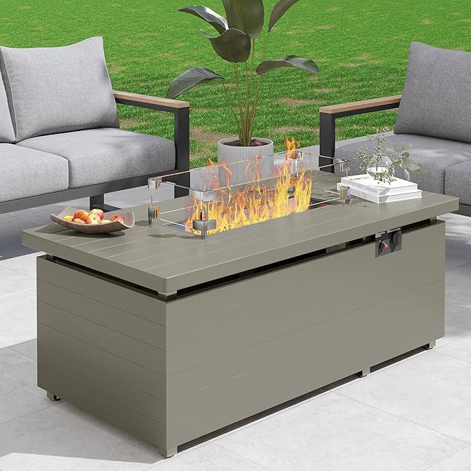 Sundale Outdoor 51 Inch Outdoor Fire Pit Table, 50,000BTU Rectangle Propane Fire Pit with Sliding Tank Holder, Glass Wind Guard, Dust Cover, Removable Lid, CSA Certified, Olive Green