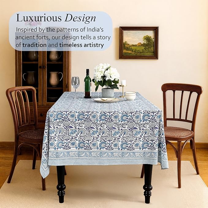 CPC Tablecloth 100% Cotton 72x190 Inch Indian Block Print Rectangle Table Cover, Blue Table Cloth for Weddings, Spring/Summer, Barbeque - Indigo Blue