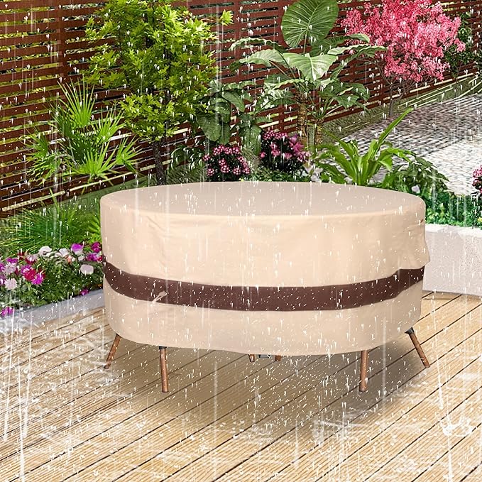 Round Patio Furniture Cover, Heavy Duty and Waterproof for Outdoor Furniture covers, Round outdoor table cover, Patio table cover 84"DIA x 31"H Beige